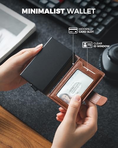 Image of VULKIT Slim Bifold Pop up Wallet Minimalist Leather Card Holder RFID Blocking Metal Card Case with ID Window for Women | with Leather Slots