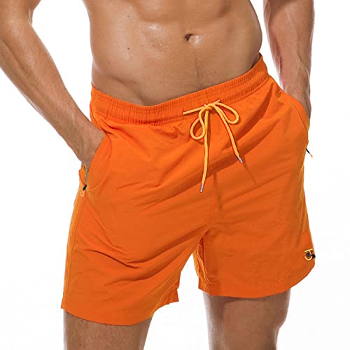 JustSun Mens Swimming Shorts with Zip Pockets Swim Board Shorts Quick Dry Beach Shorts Swim Trunks Surf Shorts Mesh Lining Orange Large