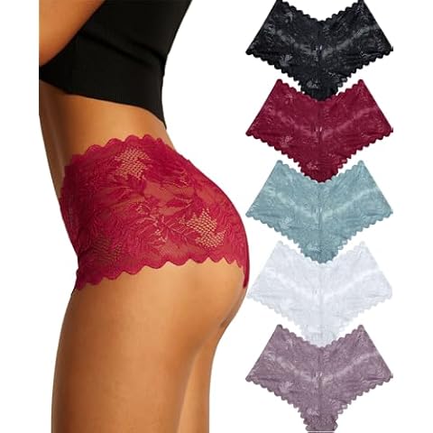 FINETOO Sexy Underwear for Women V-Waist Shorts Women' s Underwear Lightweight Soft Lace High Waist Panties 5 Pack Cover