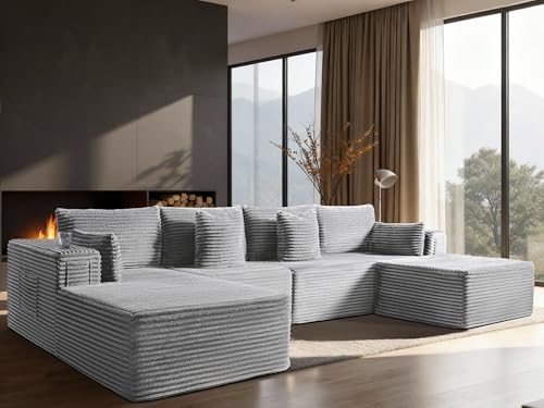 Image of 138 inch Oversized Cloud Sectional Couch, Comfort U Shaped Boneless Couch for Living Room, Extra Deep Seats No Assembly, Modular Sofa, Corduroy (Light Grey, 3 Seater+Left Facing Chaise+Ottoman)