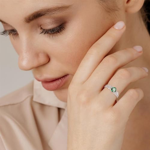 TANGPOET 6mm Simulated Emerald Rings for Women 925 Sterling Silver Adjustable Green Gemstone Leaf Rings Open Band Rings Valentine Anniversary Promise Jewelry Gifts for Her3