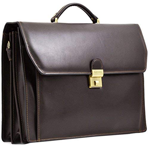 Katana - Cartable 3 soufflets en cuir - marron foncé - 39 x 30 x 13 cm - Marron