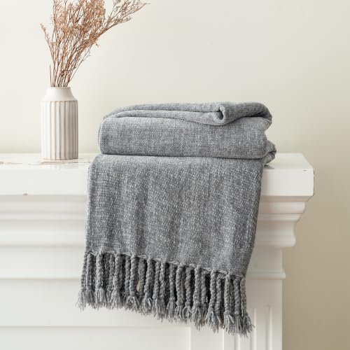 BATTILO HOME Light Gray Chenille Throw Blanket for Couch, Soft Cozy Textured Knit Throw Blanket with...