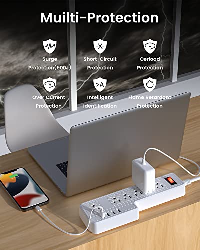 Mountable Surge Protector Power Strip Jackyled 10Ft 6 Outlets 4 Usb Ports Electric Power Outlet With Right Angle Flat Plug Electric Long Extension Cord Power Charging Station For Home Office White #TOP2