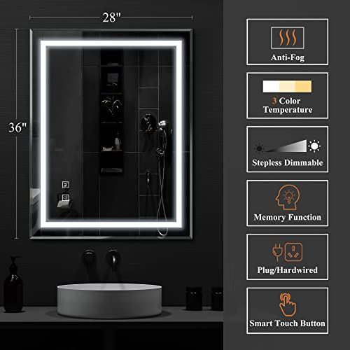Neutype 36"X28" Led Bathroom Mirror With Lights Vanity Mirror For Wall Front Lighted Bathroom Wall Mirror With Beveled Edge, Anti-Fog, Dimmable, 3 Colors, Memory, Touch Button, Horizontal/Vertical #TOP1