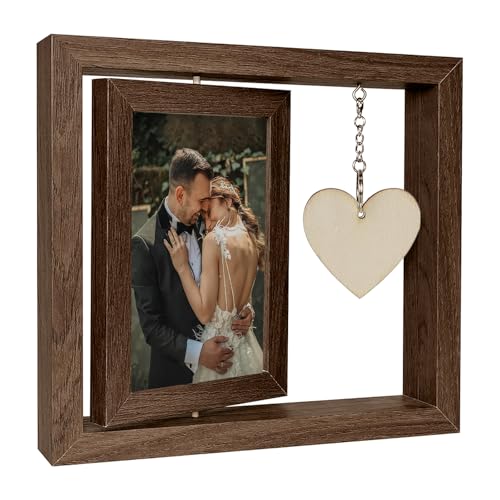 CHUANFU Cadre Photo Bois 10 x 15 cm, Cadre Photo Personnalisé Rotatif Double Face avec Pendentif en Forme de Cœur, Cadeau pour Maman Mariage Fêtes (Marron)