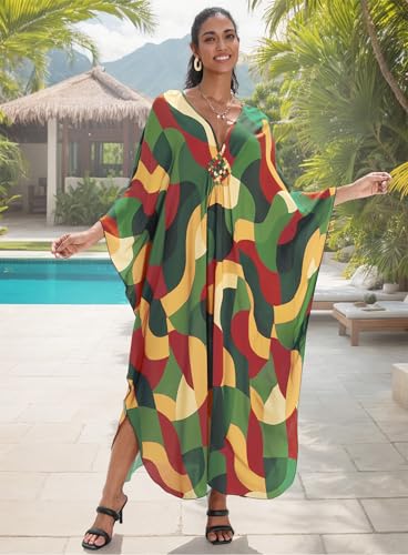 Image of Yanziliu Kaftan Dress for Women,Plus Size Hawaiian Batwing Sleeve Beach Cover Up Summer Swimsuit Dresses
