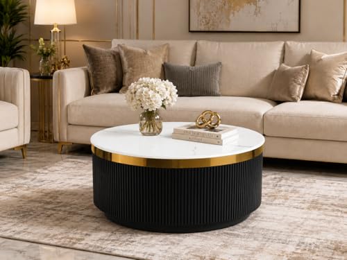 Image of Modern Round Centre Table - 76x76x46 cm | White Marble Top with Gold Accent Strip & Charcoal Louvers | Luxury Coffee & Tea Table for Living Room, Lounge & Entryway (Black)