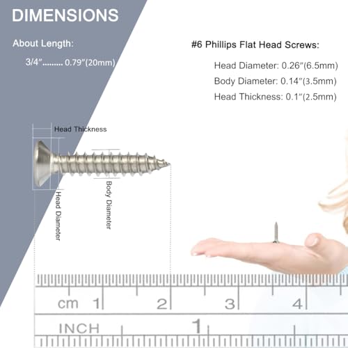 Easekinder #6 X 3/4" SFP Wood Screws - 120Pcs Flat Head Phillips Screws, 304 Stainless Steel Screw thumb #6