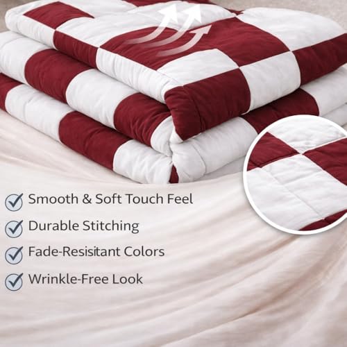 Image of Single Bed Dohar Classic Maroon Check | Lightweight Summer Quilt | Soft Microfiber AC Blanket | Breathable All Season Comforter | Skin Friendly Bed Cover