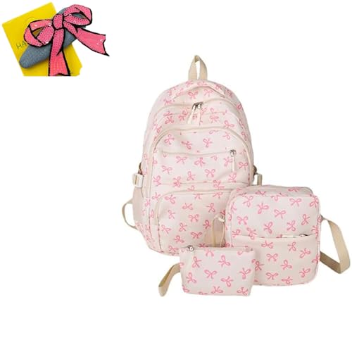 3Pcs Set Pink Bow Backpack for Women, Coquette Aesthetic Nylon Rucksack Cute Kawaii Backpack With Bow Pattern (Pink)