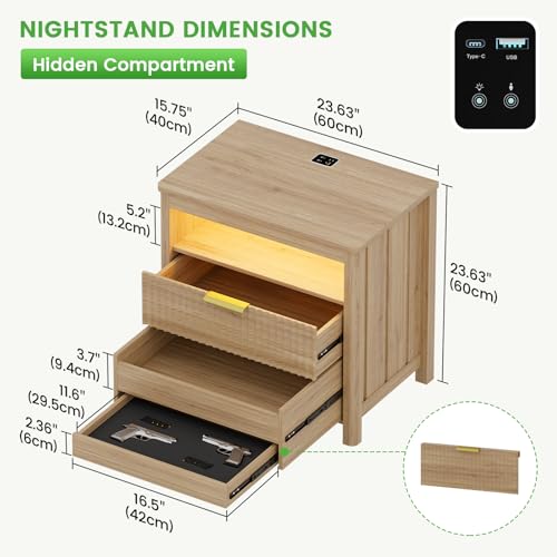 Image of HNEBC Nightstand with Gun Drawer for Bedroom, Wood Night Stand with Hidden Compartment, Auto LED Lighted, Charger Station, 2 Drawer, 23.6 inch Wider Bedside Table for Dorm,Sofa,Office
