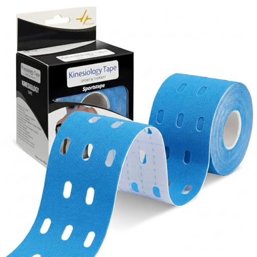 Image of PulseITSportsTape Kinesiology Tape- Waterproof & Sweatproof Tape for Muscle Support, Pain Relief & Injury Recovery | Athletic Physio Tape for Knee, Shoulder, Ankle. 5cm x 5m (with Holes, Light Blue)