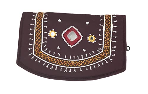 Image of SriShopify Banjara Fancy Hand Purse for Women Party Handmade Small Hand Wallets for Girls Cotton (7.5 Inch Embroidery Mirrors Work, Brown Purse)