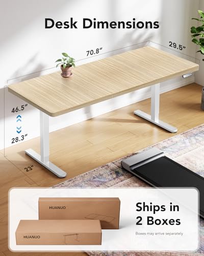 Image of HUANUO 71 x 30 inch Electric Standing Desk, Powerful Brushless Motor Large Height Adjustable Table, 4 Memory Preset Sit Stand Up Desk, Home Office Computer Table with Thick T-Shaped Frame, Natural