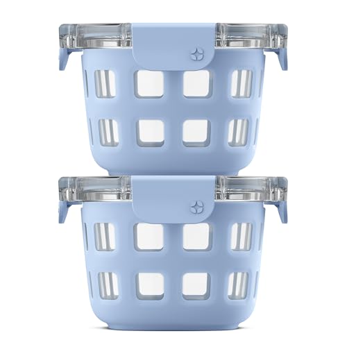 Ello Duraglass 2-Pack 2 Cup Reusable Glass Container Jar with Leak Proof Lids and Protective Silicone Sleeves | Perfect for Overnight Oats, Snacks, Yogurt | BPA-Free | Dishwasher Safe | Halogen Blue