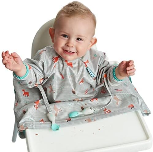 BIBaDO - Coverall Baby Feeding Bibs with matching Toddler Cutlery for weaning, Long Sleeve Bib, Easy to Clean Baby Bibs, Comes with Baby Spoon and Fork Set Adjustable Catch All Sleeved Bibs