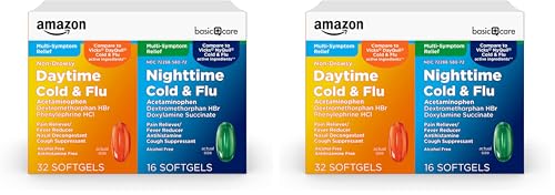 Amazon Basic Care Cold and Flu Relief, Daytime and Nighttime Combo Pack Softgels, Powerful Cold Medicine for Day and Night Multi-Symptom Relief, 48 Count(Pack of 2)