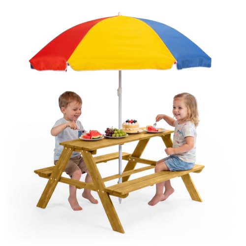 Bonnlo Kids Picnic Table with Umbrella Wooden Toddler Picnic Table and Chair Set with Removable Parasol Outdoor Activity Table with Benches for Patio Garden Backyard Teak