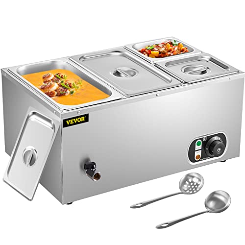 VEVOR 110V Commercial Food Warmer 2x1/3GN and 2x1/6GN, 4-Pan Stainless Steel Bain Marie 14.8 Qt Capacity, 1500W Steam Table 15cm/6inch Deep,Temp. Control 86-185, Electric Soup Warmer w/Lids & 2 Ladles