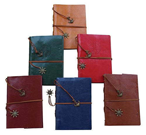Vintage PU Leather Travel Notebook Journal Blank Notebook with Shipwheel & Anchor Metal Charms Diary - Set of 6 Color (Brown, Red, Green, Blue, Mehroon, Tan)