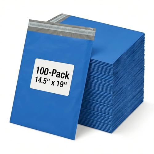 Image of BOX USA Shipping Bags 14 x 19 (100-Pack) Blue - Large Heavy Duty Self-Adhesive Envelope Poly Mailers for Packing