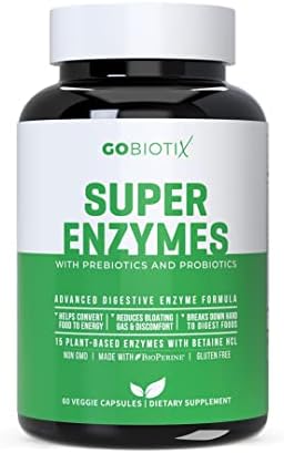 Super Enzymes Supplement - 15 Vegan + Plant-Based Digestive Enzymes with Prebiotics, Probiotics + Bioperine - Supports Gut Health, Gluten Digestion, Lactose Absorption + Leaky Gut - 60 Veggie Capsules