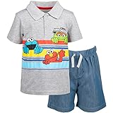 Sesame Street Oscar the Grouch Cookie Monster Elmo Toddler Boys Polo Shirt and Shorts Gray/Blue 4T