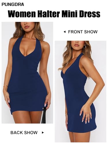 Image of Women's Sexy Halter V Neck Mini Dress for Women Summer Slim Fit Going Out Club Party Bodycon Short Dresses