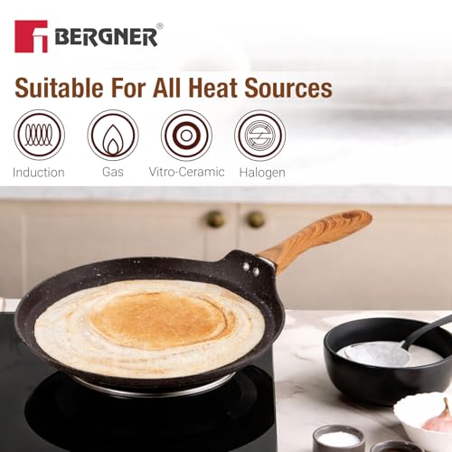Image of BERGNER Ivory Black Granite Non-Stick 28cm Dosa Tawa, 3-Layer Marble Healthy Non-Stick Coating, Forged Aluminium, PFOA Free, Non Toxic, Large Flat Dosa Tawa, Induction and Gas Stove Ready - Black
