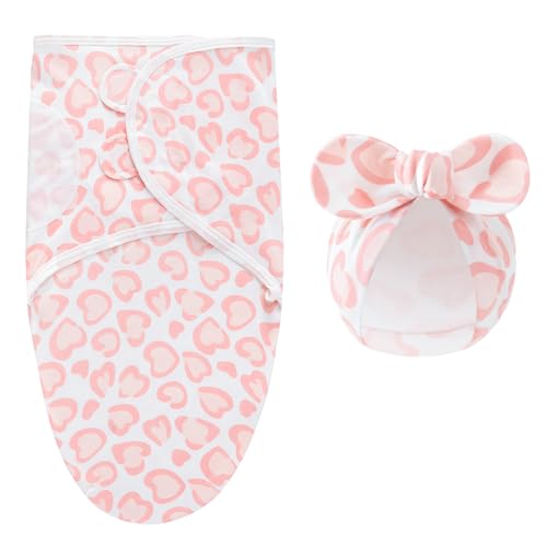 Image of Baby Swaddle Sleep Sack with Hat Set for 0-3 Months 3-Pack Soft Cotton Newborn Wearable Swaddle Wrap for Girls Boys (Pink & Heart & Tulips)