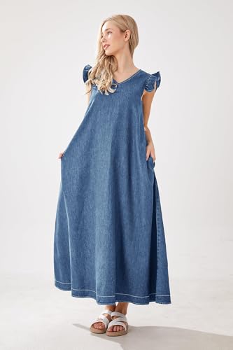 utcoco Womens Long Denim Dress Casual Loose Fit Ruffle Sleeveless V-Neck Jean Maxi Dresses for Women 20254