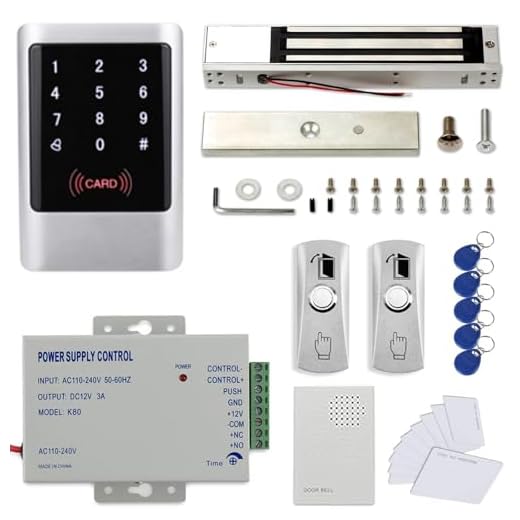 Door Entry System with RFID Keypad Reader+Electromagnetic Lock(Waterproof)+110V Power Supply Box+2 Push to Exit Button+Door Bell+RFID Keychains/Cards, Receptionist remotely Opens Door for Visitors