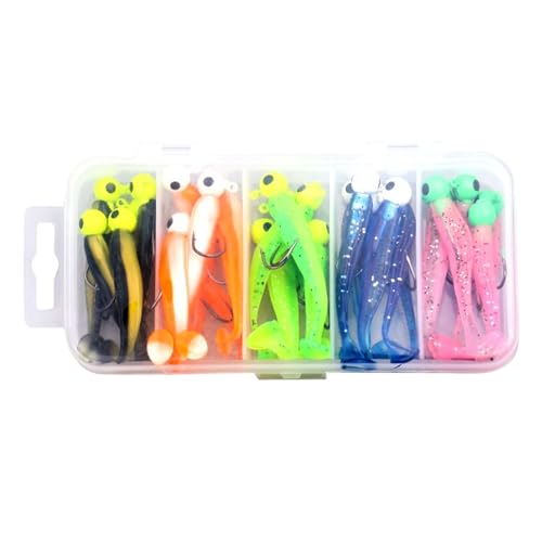 Cebos de Lubin blandos – Lable Artificiales de Da – Disavies de juego Des Fisheries | 25 x Cola T Lns con ganchos de plomo de alta resistencia + caja de almacenamiento