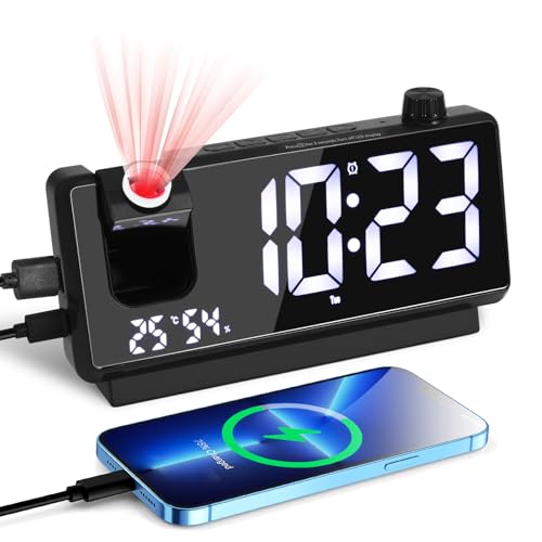 Viitech Wecker mit Projektion, Großer LED-Anzeige 3 Stufen Bildschirmhelligkeit Digital Projektionswecker mit Temperatur Luftfeuchtigkeit, Dual-Alarm Snooze 12/24H Zwei USB-Anschluss Projektionsuhr