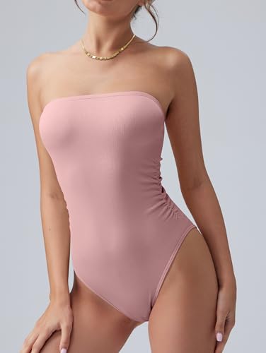Image of OQQ Womens Tube Bodysuits Strapless Basic Sleeveless Ruched Stretch Classic-Fit Tops Sexy Bodysuits