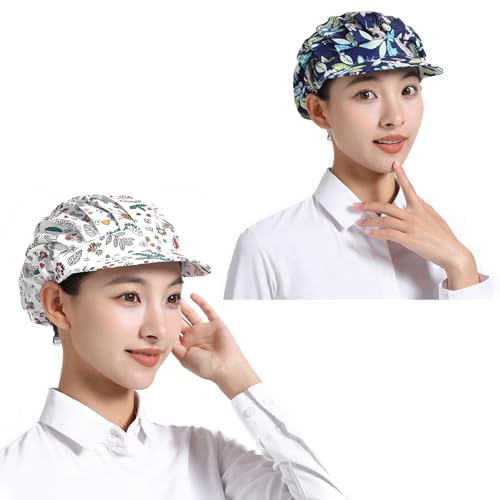 THXFUNAREA 2 Pièces Calot Femme Casquettes de Travail Réglable Bandana avec Bouton Chapeau de Peintre Coton Imprimé Unisexe Casquette Cache Poussière