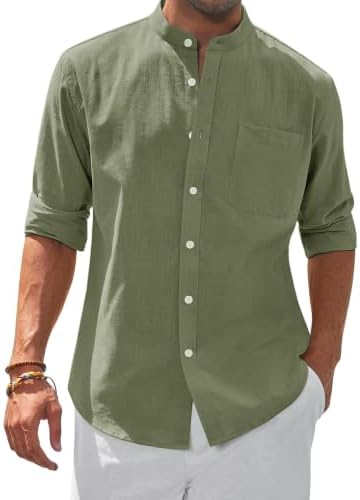 siliteelon Herren Hemd Leinen Strukturiert Langarm Stehkragen Freizeithemd | Regular Fit, Leichte, Sommer, Baumwolle, Button Down, Business, Formell, Party, Beach, Club, Reisen, Ca