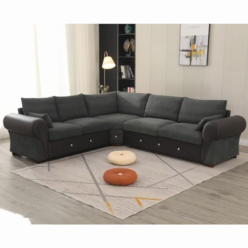 Panana 6 Seater Corner Sofa, 3+2 Seater Sectional Sofa Settee, Linen Fabric in Grey, sofa sets for living room, Dark Gray
