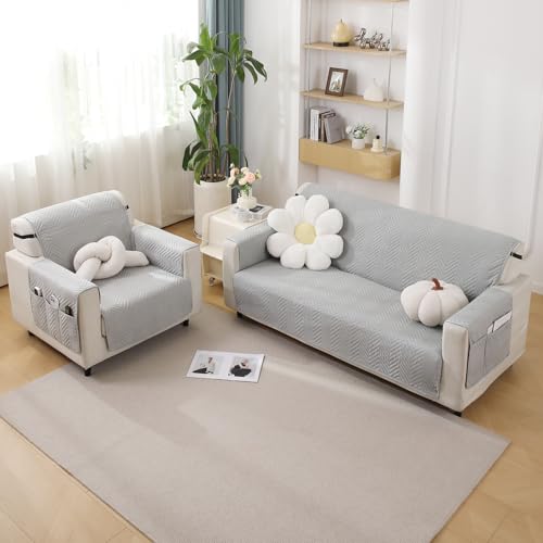 Image of HOKIPO Polyester Quilted 1 Seater Sofa Cover Mat with Pockets, Light Grey (In-801-Lgry)
