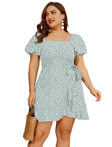 Image of Sampeel Womens Summer Dresses Square Neck Puff Sleeve Tie Waist Short Dress