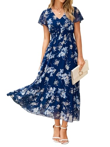 Image of Simplee Womens Floral Maxi Dress - Short Sleeve Summer Boho Wedding Guest Dress Empire Waist Chiffon Modest Midi Dresses