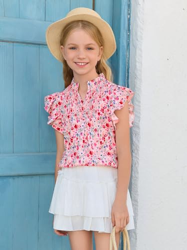 Image of Haloumoning Girls Ruffle Short Sleeve Floral Chiffon Blouses Kids Summer Shirts Tops 5-14 Years