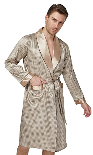 Image of TONY AND CANDICE Men's Satin Robe Lightweight Long Sleeve Silk Kimono Bathrobe with Shorts Set Sleepwear