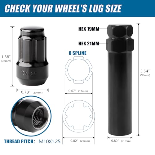 Image of JiiinMiiin M10x1.25 ATV Lug Nuts - 16pcs Closed End 6 Spline 10x1.25 Wheel Nuts Cone /Acorn Seat with Socket Key, Black