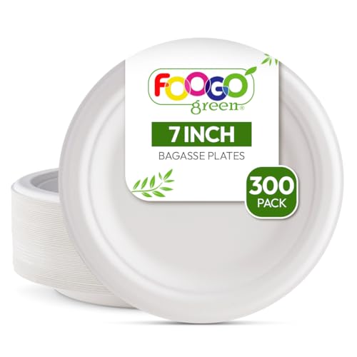 FOOGO Green 300 Platos Desechables de Fibra de Caña de Azúcar, 18 cm, para Postres y Entrantes, Biodegradables, Compostables, Picnic, Fiesta, Platos Redondos y Resistentes de Papel para Aperitivos