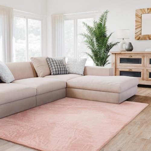 Interiyou Tapis Salon Fargo à Poils Ras - 60x120 Rose - Fausse Fourrure Douce - Lavable et antidérapant - Texture Moelleuse - pour Chambre, Bureau, Couloir