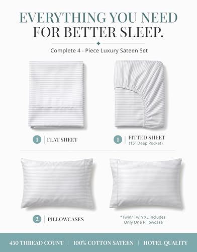 Image of LANE LINEN 100% Cotton Sheets Queen Size - 450 Thread Count Ultra Soft Sheet Set, Durable Bedding for Daily Use, Luxury Sateen Finish, Snug Fit 15 inch Deep Pocket Fitted Sheet - Tickling Stripe