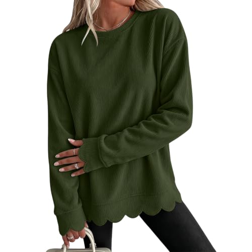 Womens Crew Neck Sweatshirt Fall Corduroy Pullover Scalloped Sweatshirt - image 1