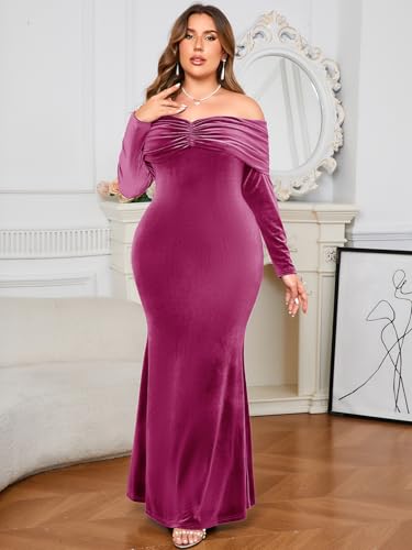 ZOMVA Plus Size Off Shoulder Velvet Dress Long Sleeve Mermaid Bodycon Maxi Evening Gown for Cocktail Party Wedding Guest4